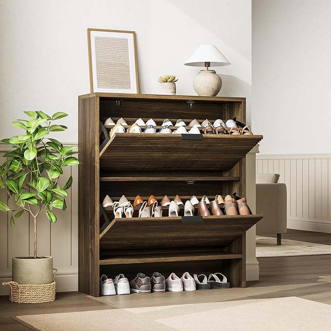 Garvee Shoe Storage Cabinet for Entryway, Fluted Shoe Cabinet with 2 Flip Drawers Doors, 32" Wide Hidden Shoe Rack Tall Freestanding Shoe Organizer for Entrance, Hallway, Living Room, Walnut
