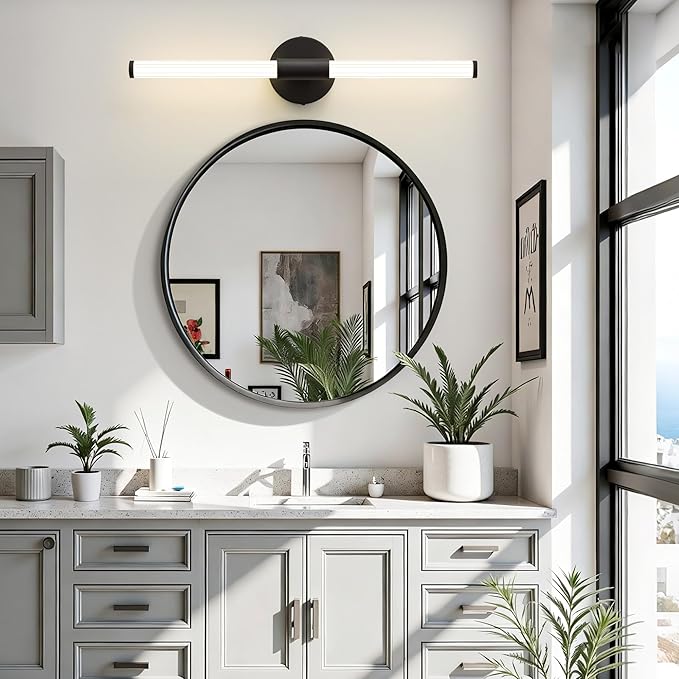 Dimmable LED Bathroom Vanity Lights 360° Full Lighting Bathroom Light Fixtures Over Mirror Vanity Light Bar Modern Wall Sconce 4000K Natural White Light for Home Hardwired, Black, 24 inch