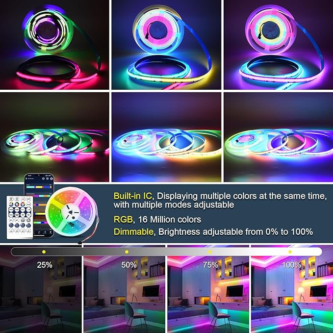 INDARUN RGB Smart IC COB Led Strip Light 32.8ft, 7200 LEDs 12mm Width, 24V Led Strip Lights Color Flowing Multicolor, Flexible Tape Light for TV Backlight, Smart Led Srtip Lights APP Control