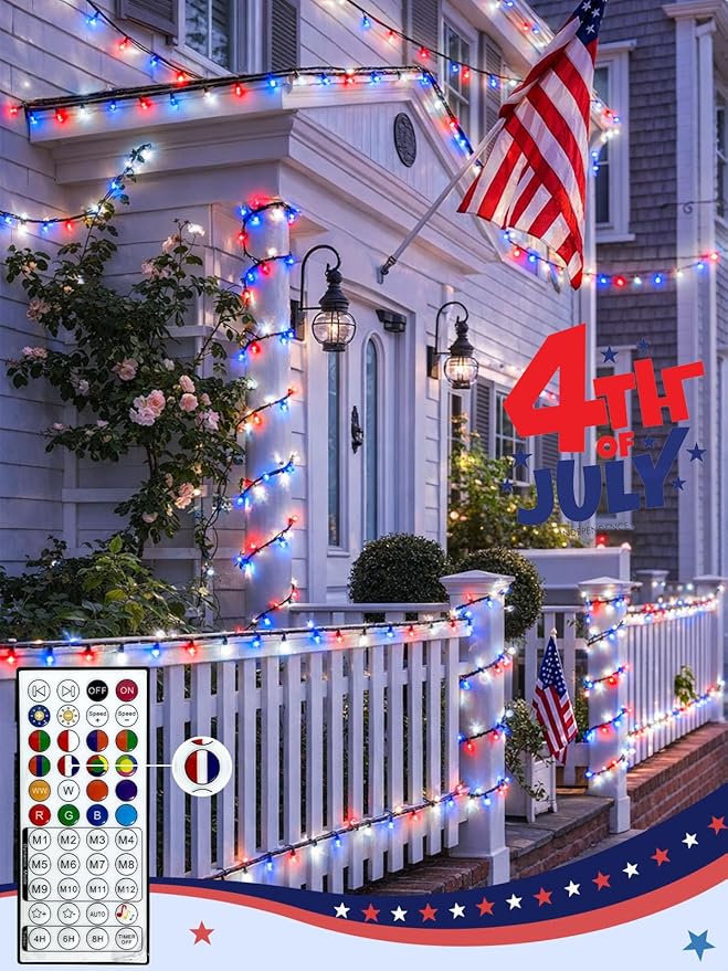 500LED Smart 4th of July String Lights App Controlled, 175FT Waterproof Red White and Blue Lights, Patriotic RGB Color Changing Twinkle Light with Remote & Timer Indoor Outdoor for Memorial Day Decor