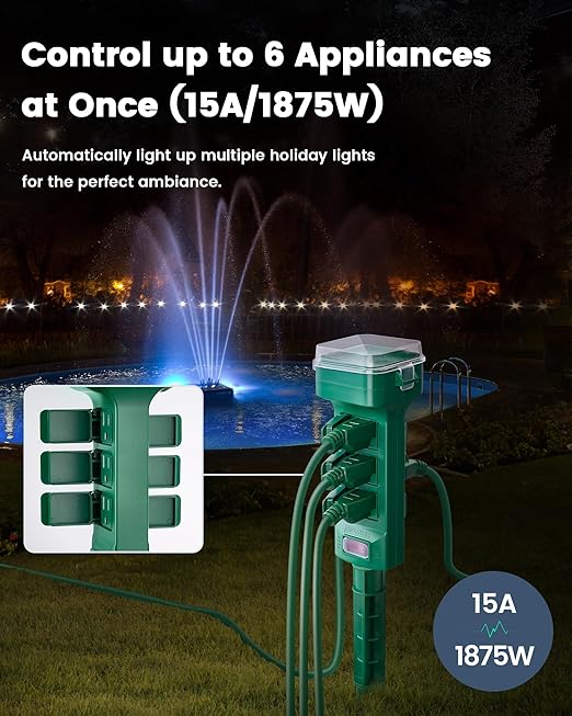 SURAIELEC Outdoor Power Stake Timer Waterproof, 100FT Wireless Remote Control, Dusk to Dawn Timer, 6 Grounded Plug Outlets, Power Strip for Christmas Lights, Garden, Patio, Outdoor Lights, 6FT