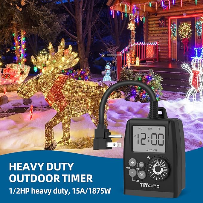 TiFFCOFiO Digital Outdoor Timer Outlet, Dial Programmable Method, Outdoor Light Timer Waterproof, 2 Grounded Electrical Outlets for Pool Pump, 6 Sets of Programs, 15A/1875W (1 Pack)