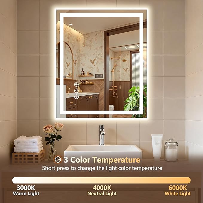 24x30 LED Bathroom Mirror with Lights - Dimmable, Anti-Fog, 3 Color Backlit & Front Lit Mirror for Bathroom, Shatter-Proof Tempered Glass, Easy Installation