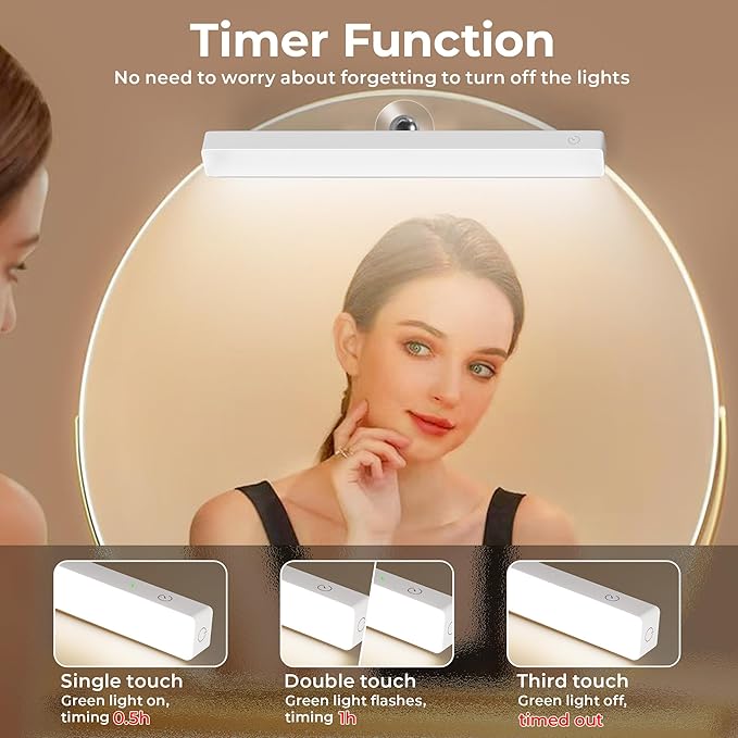 Rechargeable LED Vanity Mirror Light - Dimmable 6500K Makeup Light with Timer, 360° Adjustable Angle, Wireless Cordless Suction Stick-On Installation for Bathroom, Portable Vanity Lighting