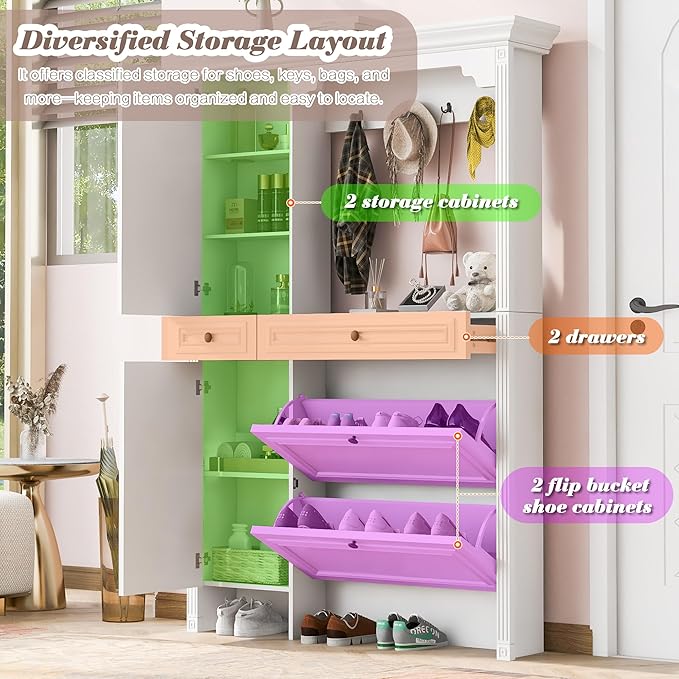 Merax Hall Tree with Shoe Storage, Entryway Coat Rack with 4 Hooks, 2 Flip Drawers, and 2 Cabinets, Modern Hall Trees for Hallway, Living Room,White