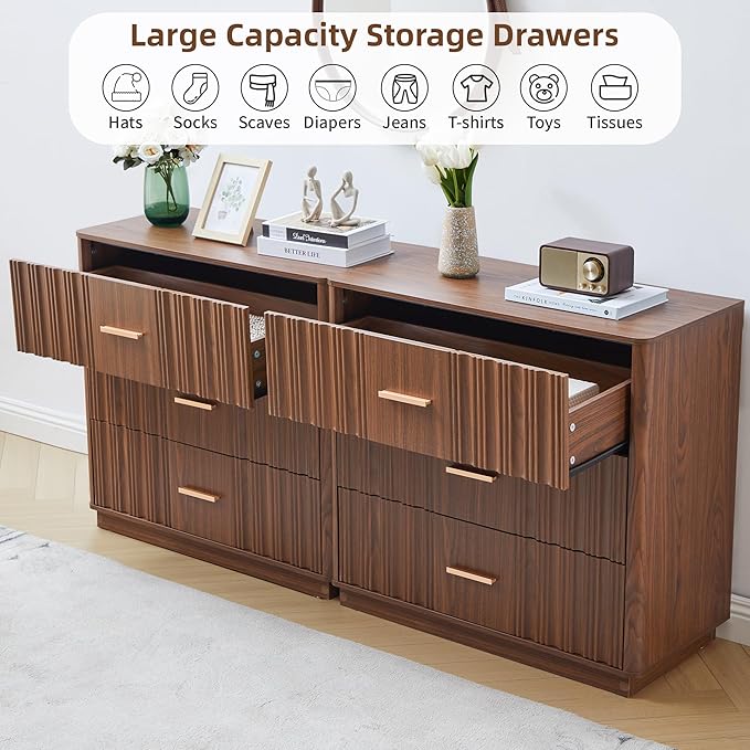 Fluted Dresser for Bedroom with 3 Drawers,31.5"Wide Modern Chest of Drawers with Metal Handle,Large Storage Dresser, Wood Closet Clothes Storage Organizer for Nursery Living Room Hallway,Walnut 2 Sets