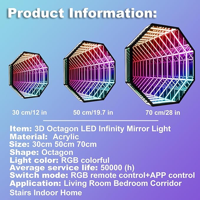 3D Infinity Mirror Light, 28" Octagon LED Tunnel Wall Light with 358 LEDs, App & Remote RGB Color Changing Mirror for Gaming Room Decor, Party, Bar, Geometric Art Deco Wall Mounted