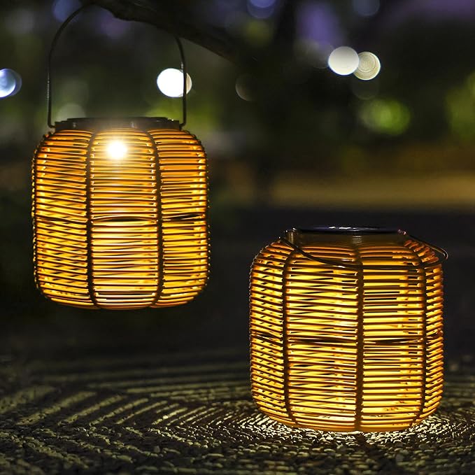 Solar Outdoor Rattan Lanterns, Decorative Hanging Lights for Patio Garden Backyard （Two Pack）(Style 2)
