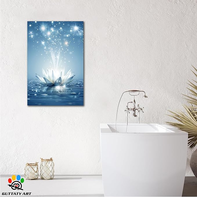 Zen White Lotus Flower Canvas Wall Art, Lotus Floral Pictures Wall Print, Spiritual Water Lily Canvas Prints,Lotus Bloom on Water Poster, Zen Meditation Spiritual Artwork for Yoga Spa Room 12x18 inch