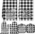 Sratte 6 Pcs Kitchen Decor Accessories Set Farmhouse Towels Pot Holders Oven Mitts Set 2 Dish Towels 2 Potholders 2 Cooking Mittens Oven Glove for Christmas Baking Cooking Supply(Black White,Kitchen)