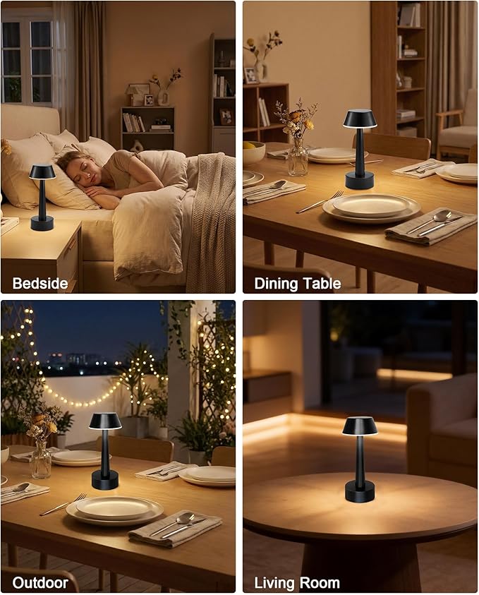 Cordless Rechargeable Table Lamp Small Battery Operated Lamp for Restaurant, 3 Color Stepless Dimmable LED Touch Lamp Portable Night Lights for Bedside Living Room Kitchen Bar Outdoor Patio Décor