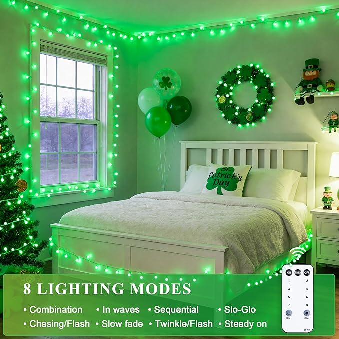 JMEXSUSS Connectable 100 LED Globe String Lights Indoor, 33ft 8 Modes Christmas String Light Plug in, Green Lights Outdoor for Room Bedroom Patio Deck Party St. Patrick's Day Decorations