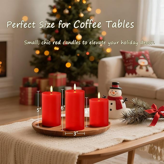 Flameless Pillar Candles with Remote, 3 Pack Battery Operated Real Wax LED Candles, Perfect for Home Decorations Fireplace Table, Red