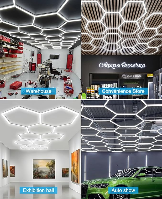 Garage Lights Hexagon led Lights DIY Ceiling LED Shop Light 91630LM for Basement Warehouse Workshop Barbershop Car Care Wash Room Auto Beauty Gym Exhibition Hall 14 Grids with Rectangle Frame 6500K