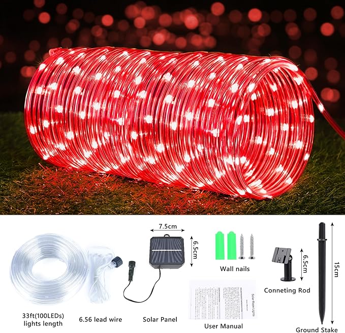 Solar Rope Lights, 33ft 100LED Solar String Lights, 8 Modes Waterproof Solar Powered Outdoor Light, Flexible Clear Tube Light for Garden Backyard Patio Deck Porch Pool Tree Christmas Decoration - Red