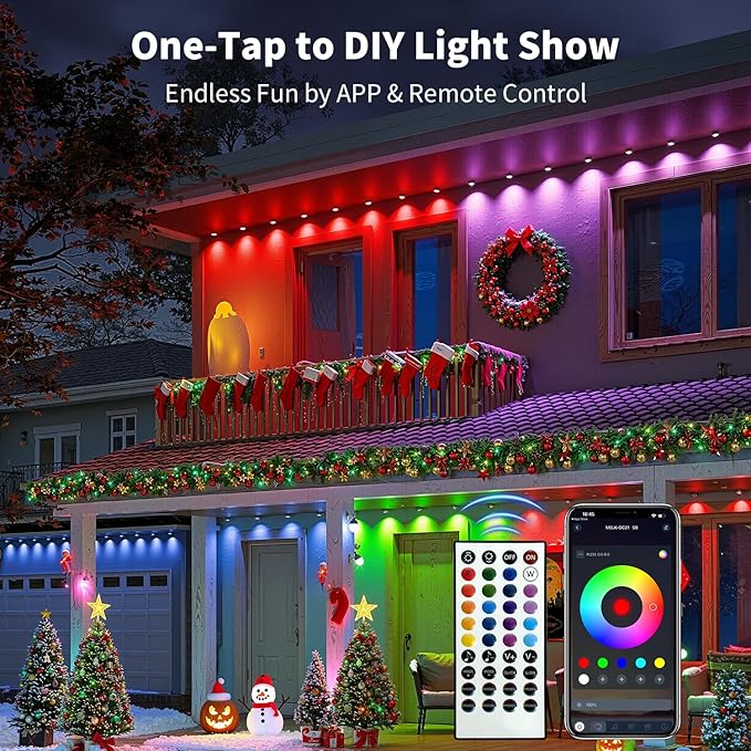 XINKAITE 200FT Permanent Outdoor Lights with 100 LEDs - Smart RGB+IC with 16 Million DIY Colors, IP67 Waterproof, App & Remote Control, Hundreds of Dynamic & Scene Modes for Holidays, Christmas & Home