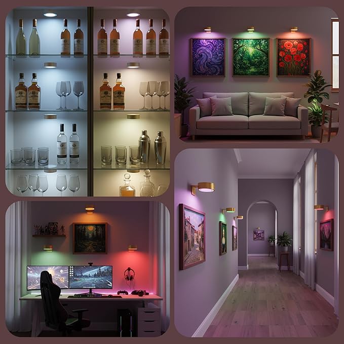 3-Pack Picture Lights for Wall, 13 RGB Color Changing Led Art Display Light with Rechargeable Battery Operated, Magnetic Painting Light with Remote Control, Wireless Home Wall Decorative Lighting