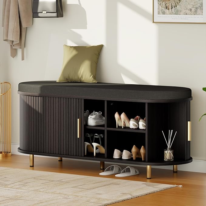 Entryway Bench with Storage: 43.31" Wooden Bedroom Shoe Bench with Thickened Padded Seat Cushion, Mid Century Modern Fluted Sliding Door and Adjustable Shelf, for Entryway, Living Room