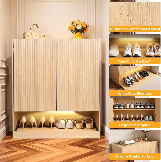Shoe Cabinet with LED Light, 4-Tier Shoe Storage Cabinet with 2 Adjustable Shelves, Large Shoe Storage with Fluted Panel Modern Shoe Rack for Entryway, Bottom Pop-Up Shoe Rack, Natural Wood