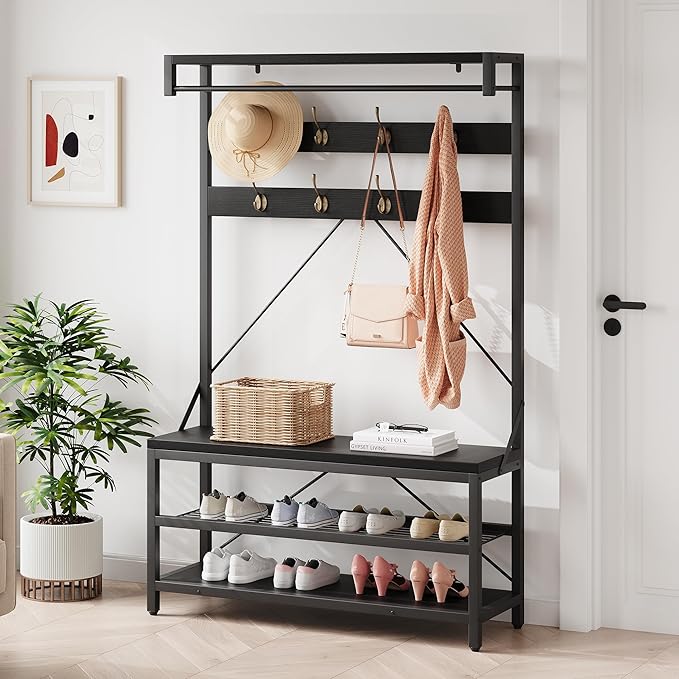 IDEALHOUSE Coat Rack Shoe Bench Industrial Hall Tree Storage Bench for Entryway Wood Look Accent Large Shoe Rack with Storage Shelf Hanging Bar,8 Hooks Grey 39.9"x15.7"x72"