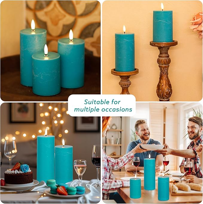 Teal Flameless Pillar Candles, Battery Operated Candles with Remote, Real Wax Flickering LED Candles for Home Party Wedding Holiday Decor, Set of 4, Φ 3" H 4" 5" 6" 8"