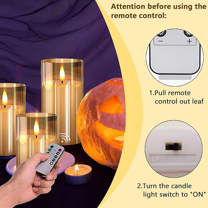 Glass Flameless Candles with Remote and Timer, Battery Operated Candles, LED Pillar Candles, Electric Fake Candles, Real Wax Set of 3, Christmas Home Wedding Birthday Decor(Gold)