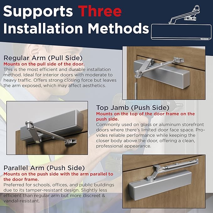 Heavy Duty Commercial Door Closer, Automatic Self Closing Door Hinges, ADA UL Grade 1-6 Listed, Door Closers Commercial High Traffic, Auto Door Closer, Hydraulic Spring Soft Close (Silver)