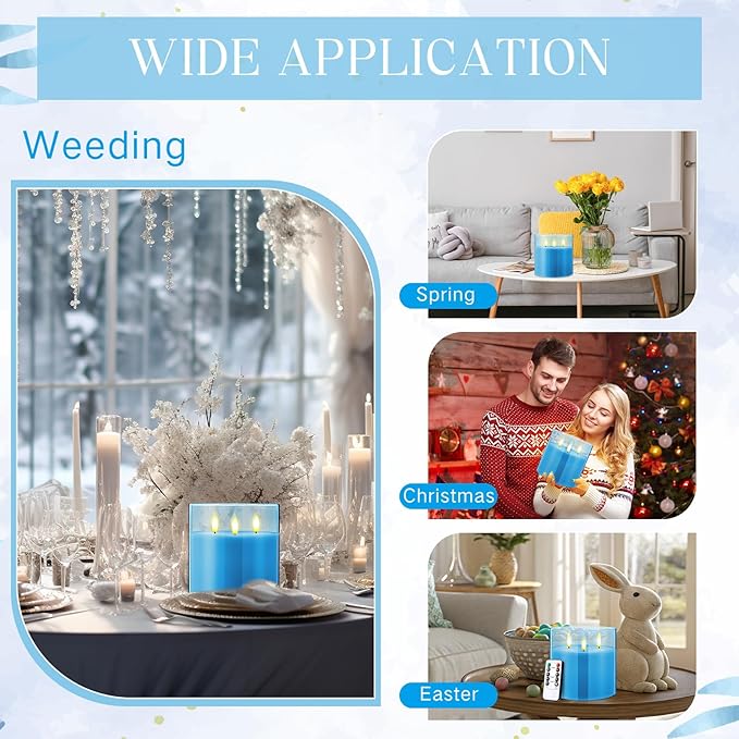 Retisee 6'' x 6'' Extra Large Flameless Candles, 3 Wick Glass Large Candles with Remote Control and Timer Function, Real Wax LED Pillar Flickering for St. Patrick's Spring Party Decor(Blue,1 Pcs)