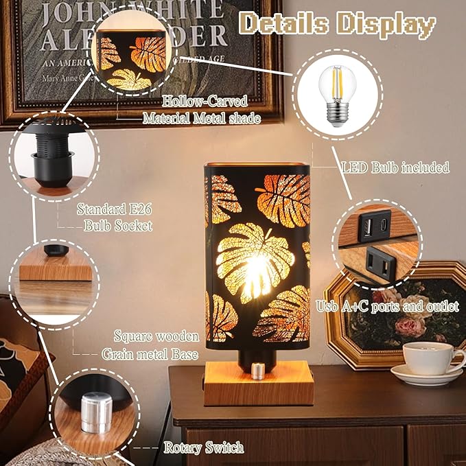Industrial Table Lamp Sets of 2 with USB Ports and Outlet, Rustic Dimmable Bedside lamp with Charging Station, Metal Square Shadow Nightstand Lamp for Bedroom Living Room End Tables