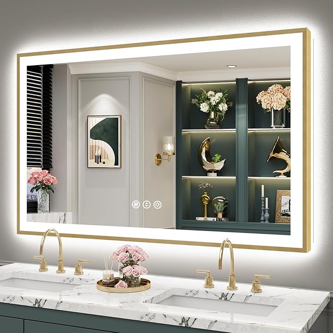 50x32 Gold LED Bathroom Mirror with Lights, Brushed Gold Framed Backlit and Front Lit Anti-Fog Lighted Vanity Mirrors for Bathroom Wall, Dimmable, 3 Colors, Memory, HD Tempered Glass, CRI＞90
