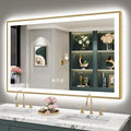 50x32 Gold LED Bathroom Mirror with Lights, Brushed Gold Framed Backlit and Front Lit Anti-Fog Lighted Vanity Mirrors for Bathroom Wall, Dimmable, 3 Colors, Memory, HD Tempered Glass, CRI＞90