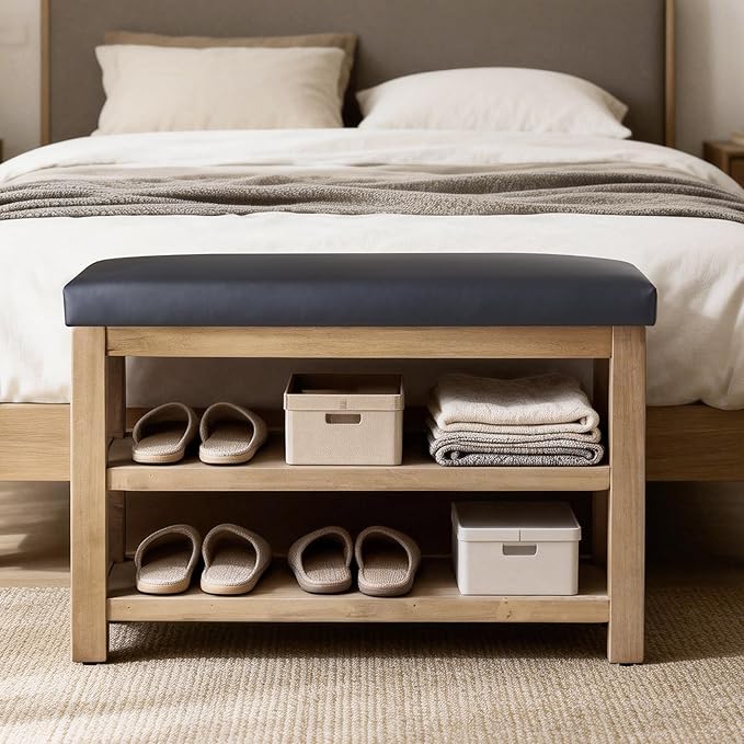 Shoe Rack Bench with Leather Cushion, 2 Tier Solid Wood Storage Bench, Mid-Century Modern Shoe Bench for Entryway, Hallway, Closet, Front Door Entrance, Foyer (Black, 31.5)