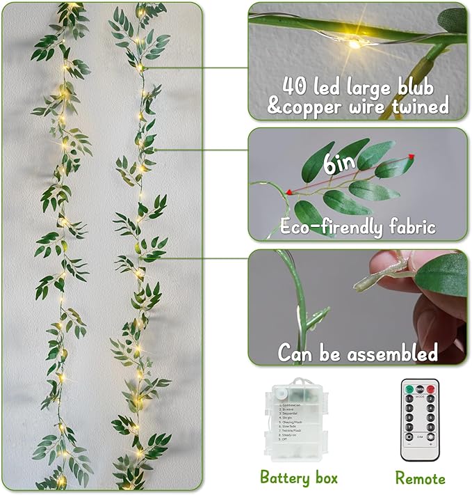 suddus Willow Vine with Fairy Lights Battery Operated, 12ft 40 LED Artificial Plants Lights with Remote, Hanging String Lights for Bedroom, Wall, Garden, Party, Wedding Decor (Warm White)