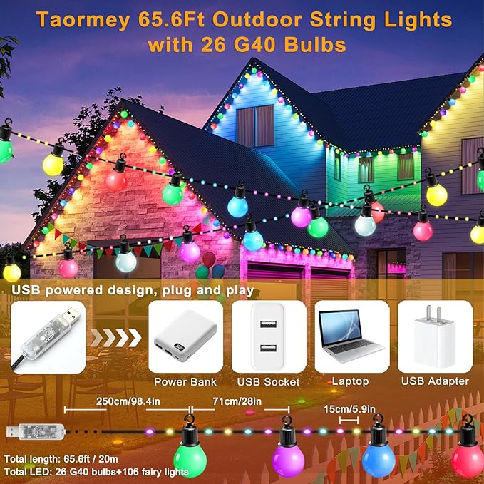 Smart Outdoor String Lights, 65.6Ft RGBIC Color Changing LED Patio Light IP67 Waterproof with 26 G40 Bulbs,App Control,Remote,Music Sync Outdoor Hanging Lights USB Plug-in for Garden Yard Camper Party