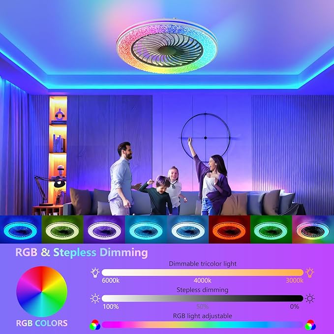 20" Modern LED Ceiling Fan Light, Smart Bladeless Ceiling Fans with Lights and Remote, RGB Bluetooth Fan Chandelier for Bedroom,Living Room, Office (23)