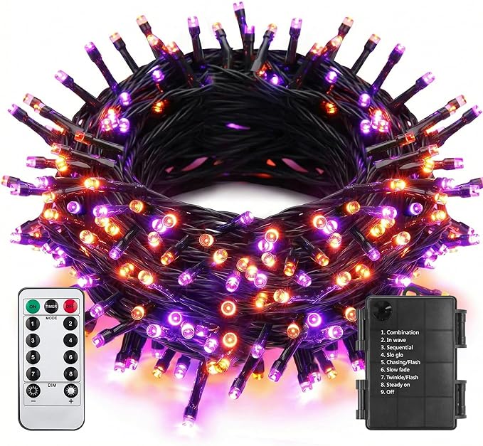 ITICdecor 33ft 100 LED Halloween Lights, Purple & Orange Halloween String Lights Waterproof Battery Operated, 8 Modes Decorative Lights for Indoor Outdoor Party Garden
