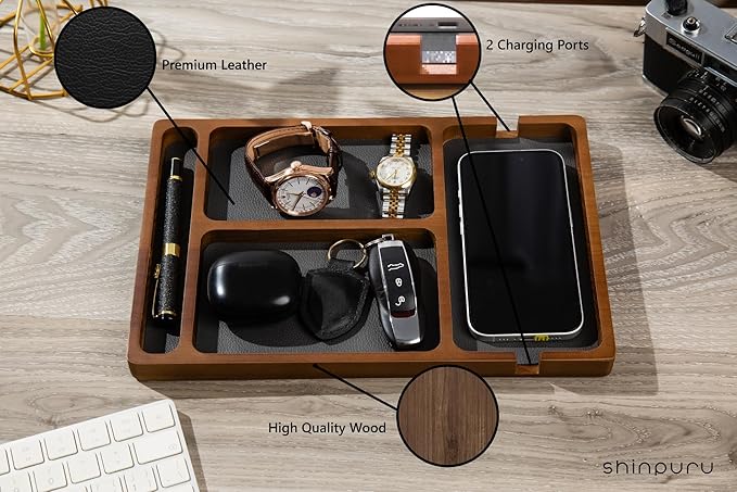 Shinpuru Wooden Valet Tray for Men, Nightstand Organizer with Leather Inlay, EDC Essentials Catchall Tray for Keys, Phone, Wallet, Watch, Earbuds - Bedside Desk Entryway Tray (Wood-Pen)