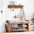 31.5" Shoe Bench with Coat Rack Hidden Drawer and Side Holder, 2 Tier Entryway Bench with Storage 39.4 in, Bamboo Shoe Rack with Cushion for Entryway Hallway Living Room Bedroom