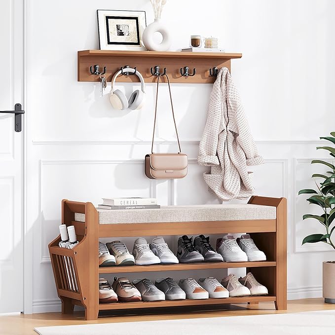 31.5" Shoe Bench with Coat Rack Hidden Drawer and Side Holder, 2 Tier Entryway Bench with Storage 39.4 in, Bamboo Shoe Rack with Cushion for Entryway Hallway Living Room Bedroom