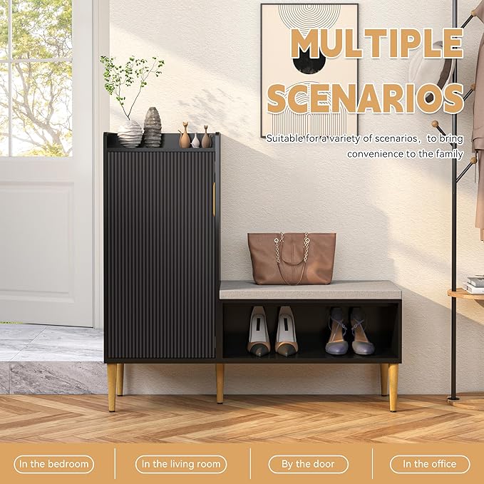 Storage Bench with Fluted Door&Shelf, Modern Entryway Bench with Padded Seat, L-Shaped Shoe Organizer Cabinet for Hallway, Living Room, Office, Black