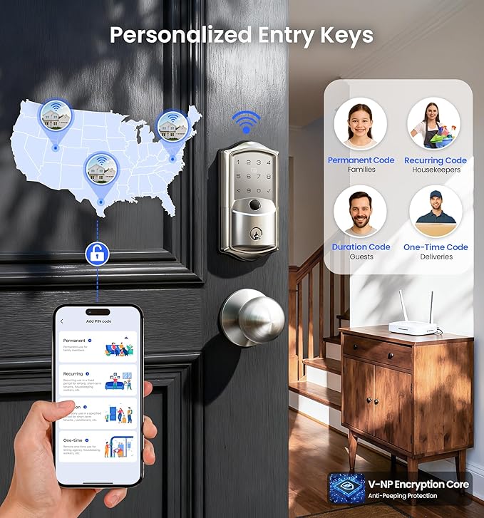 Veise VE027-K Built-in WiFi Smart Lock with 2 Knob, Fingerprint Keyless Entry Door Lock Handle Set for Front Door, App Remote Control, Electronic Digital Keypad Deadbolt, IP65 Waterproof, Satin Nickel