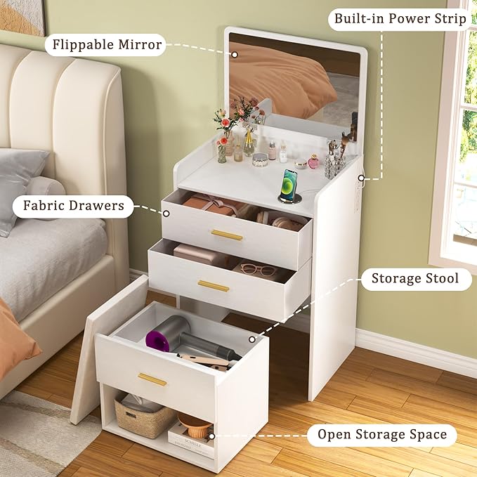 3 in 1 Vanity Desk with Flip-up Mirror, Compact Vanity with 2 Fabric Drawers & Storage Cushioned Chair, Charging Station, Girls Small Vanity Nightstand for Bedroom, White