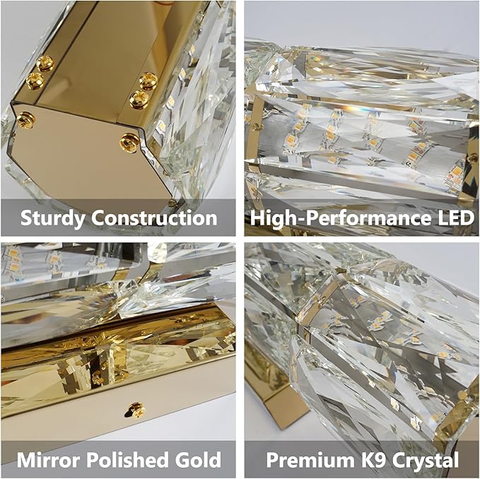 Gold Crystal Wall Sconces, Modern LED Crystal Wall Light Fixtures with Remote, Luxury Vanity Wall Lamp Indoor for Bedroom Living Room Hallway Stairway Bedside, 3000K-6000K Dimmable