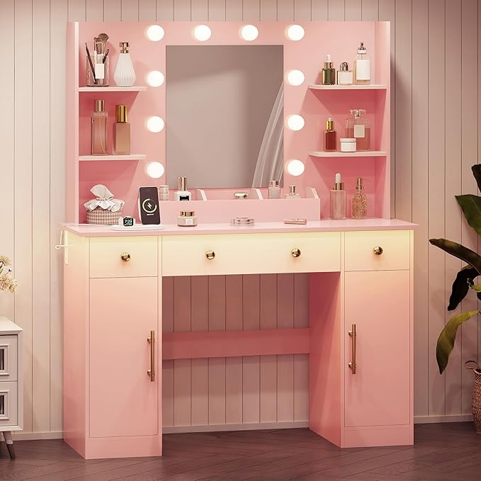 Vanity Desk with Mirror and Lights, Makeup Vanity with Mirror and LED Lights & Power Outlet, 3 Drawers and Cabinets, 3 Lighting Modes Dressing Table Set for Girls Women Bedroom,Pink