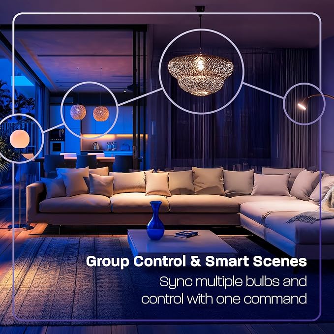 Smart LED Light Bulb, 9W (60W), Tunable White, Dimmable, Music Sync, 16 Million Colors, WiFi+Bluetooth, Compatible with Alexa & Google, Circadian Rhythm, No Hub Required, A19 E26, 800 Lumens