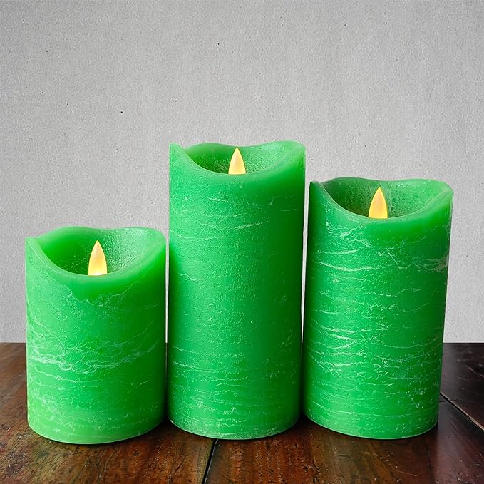 Real Wax Flameless Candles Set of 3 (D 3" x H 4" 5" 6") Battery Operated LED Candle with Timer Home Decorative Pillar Flickering Lights,Wedding Party Events Decor,Green