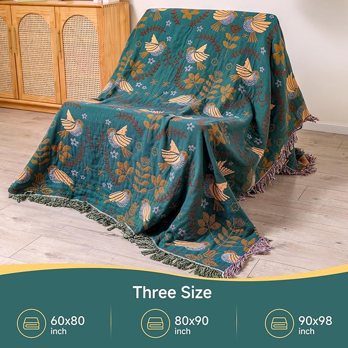King Size Throw Blanket for End of Bed 100% Cotton Woven Bed Throws for All Season Lightweight and Soft Cozy Farmhouse Reversible Muslin Decorative Blanket for Travel Picnic, Teal/Cream, 91''x98''