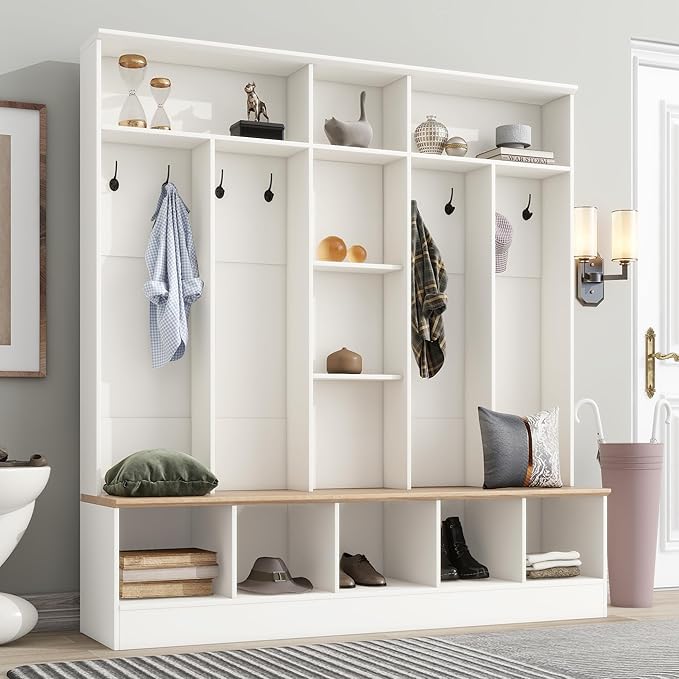 Merax 72'' H Hall Tree with Shoe Storage Bench, Modern Hall Tree with Storage Shelves & 8 Hooks, Coat Rack for Entryway, Mudroom, Hallway, Living Room,White
