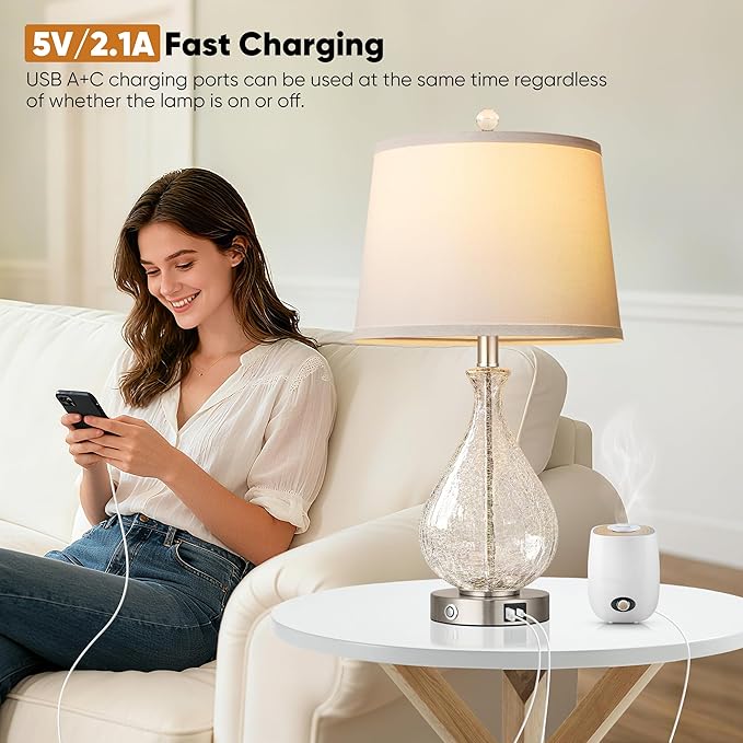 QiMH Glass Table Lamps for Living Room, Bedside Lamps Set of 2 with USB A+C Charging Ports, 3 Way Dimmable Touch Lamps for Nightstand, 22.5" Modern Table Lamp for Bedroom Office, LED Bulbs Included