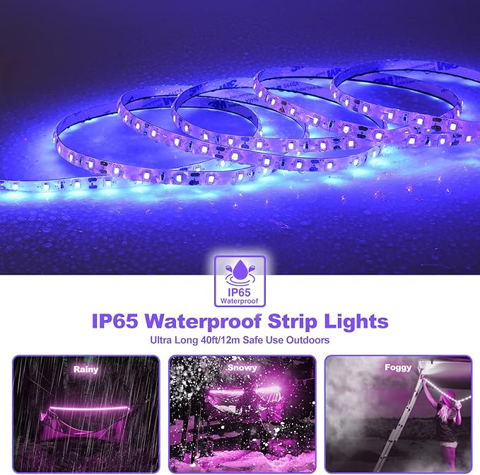 Waterproof 40Ft Black Light Strip, IP65 Black Light Fixtures Kit, 720 LED Strip with 12V Power Supply for Outdoor Indoor Halloween Glow Neon Party Resin Curing Display Cabinet Posters Boat